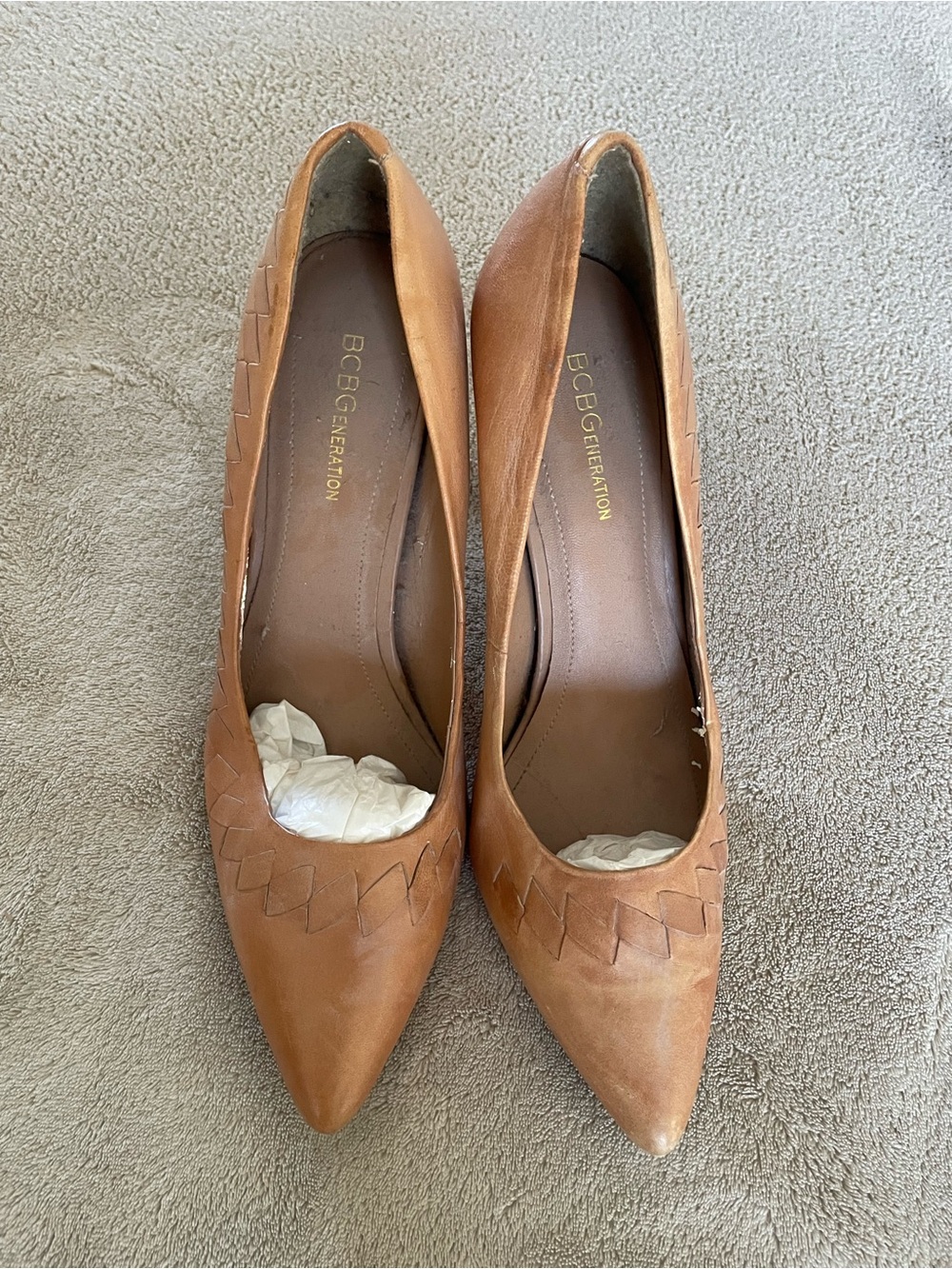 BCBGeneration Brown Pointed-Toe Woven Detail Pumps